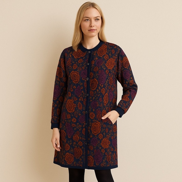 Vintage Kathleen Usherwood for Periphery Floral Knit Button Front Sweater Coat - Picture 1 of 16